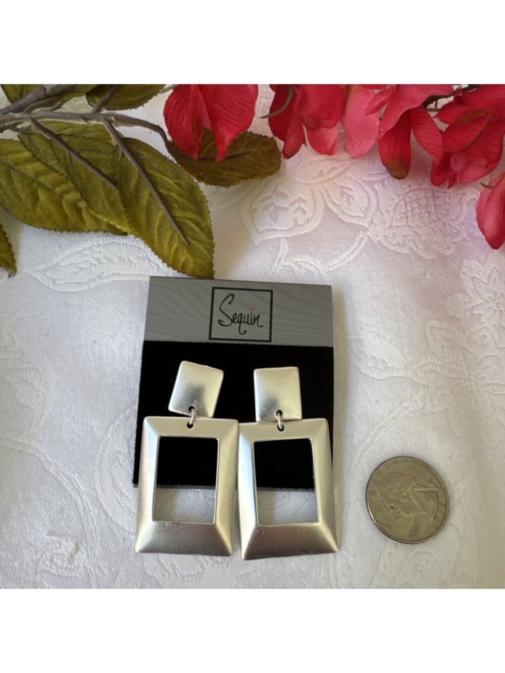 Nordstrom Sequin NYC Brand Chunky Double Square Silvertone 2" Hoop Earrings NEW